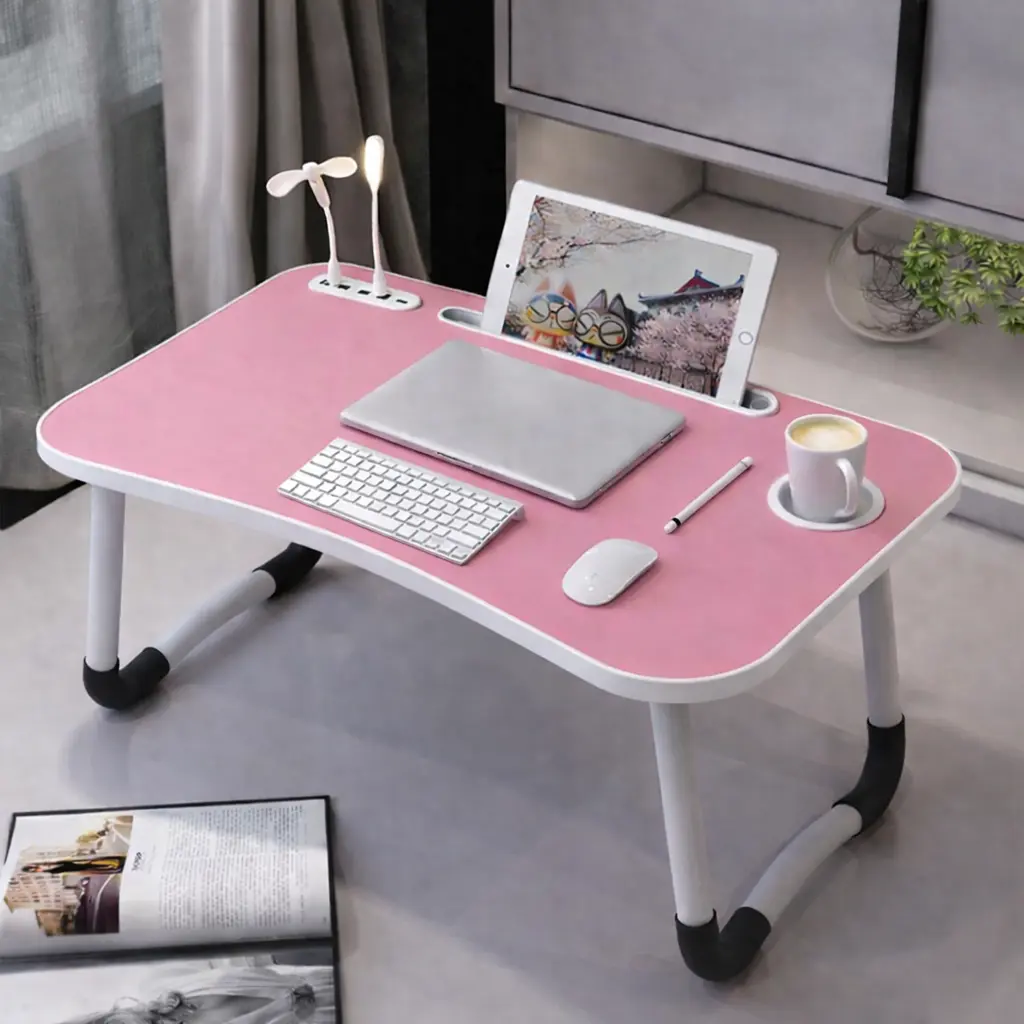 Large Foldable Lap Desk with USB Fan & LED Light – Portable Bed Table for Adults, Work from Home, Sofa, Outdoor Use – Ergonomic Design with Tablet Slot – Ideal Study & Laptop Desk Modern Desk Converter