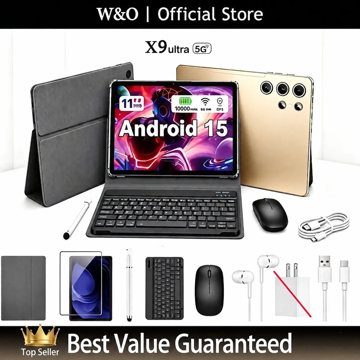 W&O 2026 11in Android 15 Tablet - 12GB(6+6) RAM+256GB Expandable Storage, HD Display, 10000mAh Battery, 5G Wireless WiFi, Keyboard Set Bundle (Keyboard, Mouse, Case, Stylus), Dual Camera, for School Work, Valentine’s Day Gift,sohochic