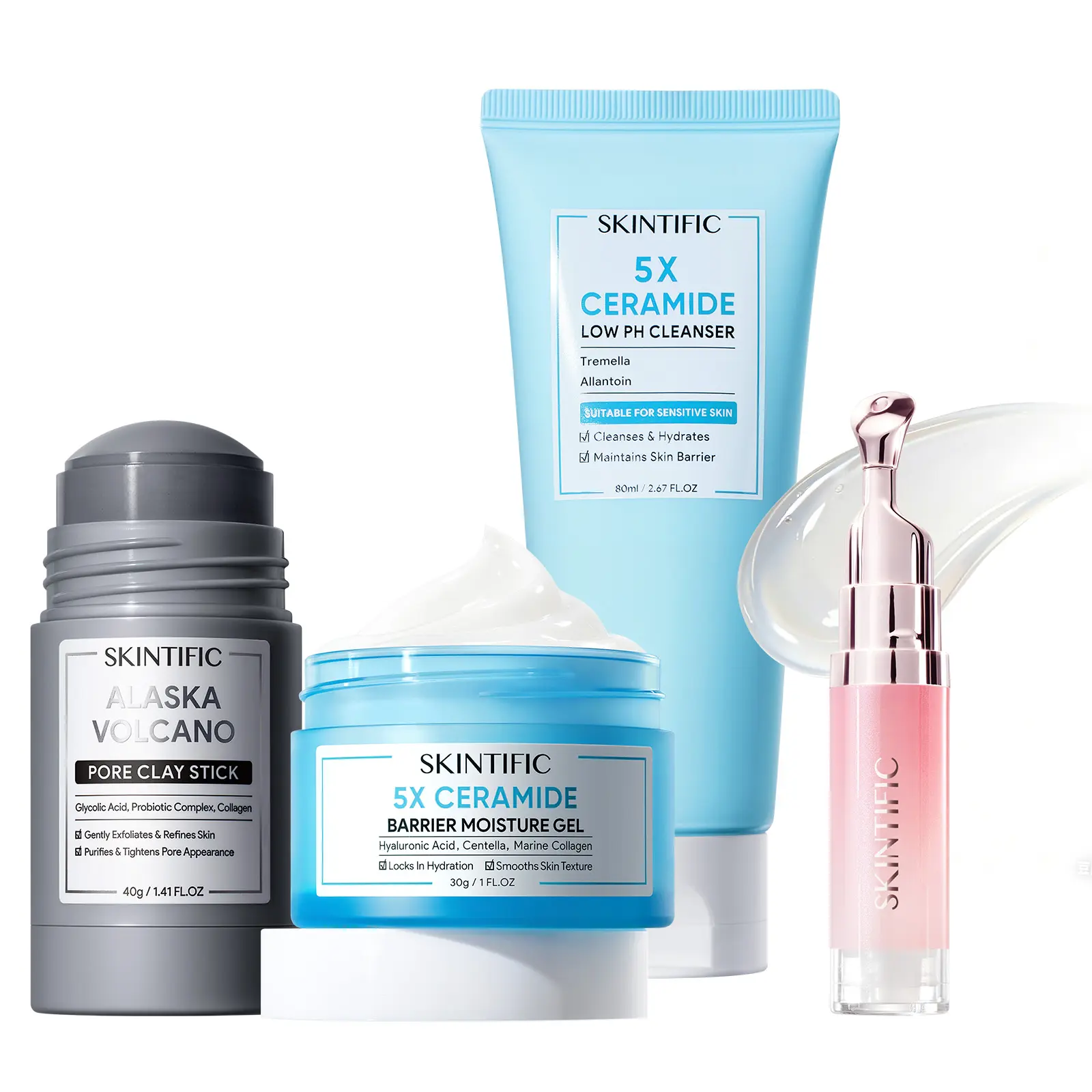 SKINTIFIC Daily Skincare Routine 4pcs - 5X Ceramide Low PH Cleanser + 5X Ceramide Moisture + Alaska Volcano Pore Purifying Clay Stick + Brightening Lip Serum