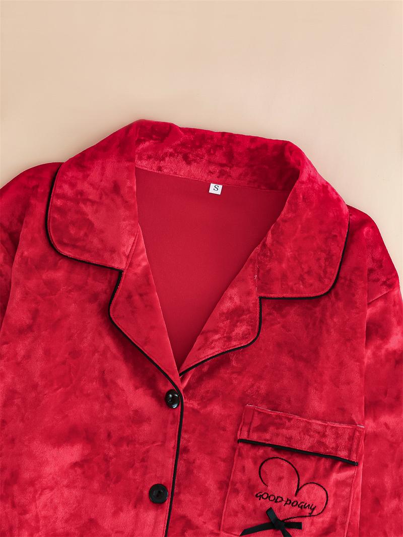 PAJAMAS Long Sleeve Red Velvet Pajama Set with Button Front and Pocket for Cozy Nightwear