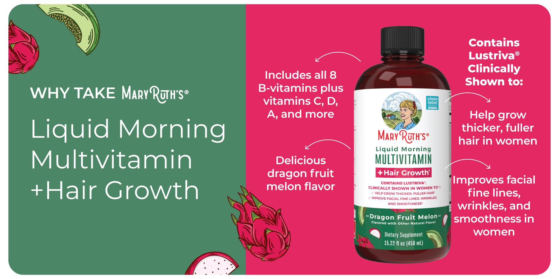 MaryRuth's Liquid Multivitamin +  Hair Growth - Clinically Tested Lustriva for Thicker Hair in Women - Improve Facial Wrinkles - Vegan - 15.22 Fl Oz