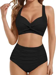 Women's 2026 High-Waisted Ruched Tummy Control Bikini Set, Sexy Cross-Knot V-Neck Swimwear for Sports & Outdoor Use
