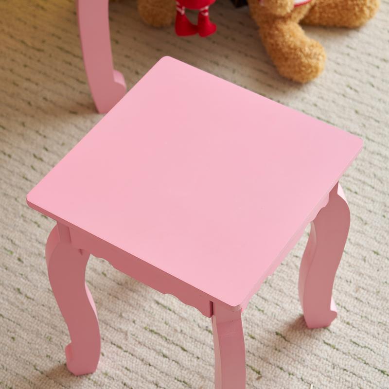 Macaroon Pink Wooden Vanity Table and Chair Set for Children with Lighted Mirror, Makeup Storage Rack, Brush Holder, and Stool - Pretend Play Dressing Table for Girls