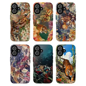 Tiger Chinese Phone Case Set, tiger resting pool animals floral stylized tiger red hibiscus white tiger eyes leaping tiger intricate vibrant retro vibes aesthetic gift fashion vibes, iPhone 17 16 15 14 13 12 Pro Max Plus X, Galaxy S25 S24 S23 S22 Ultra