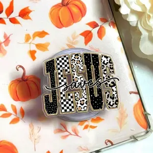 Christian Jesus Saves Magnetic Phone Grip, Retro Varsity Leopard Checkered Magsafe Kickstand, Trendy Faith Based Religious Gift For Her