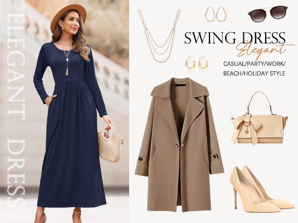 AUSELILY 2025 Fall Women Long Sleeve Loose Round Neck Maxi Dresses Casual Long Dresses with Pockets Christmas Dress