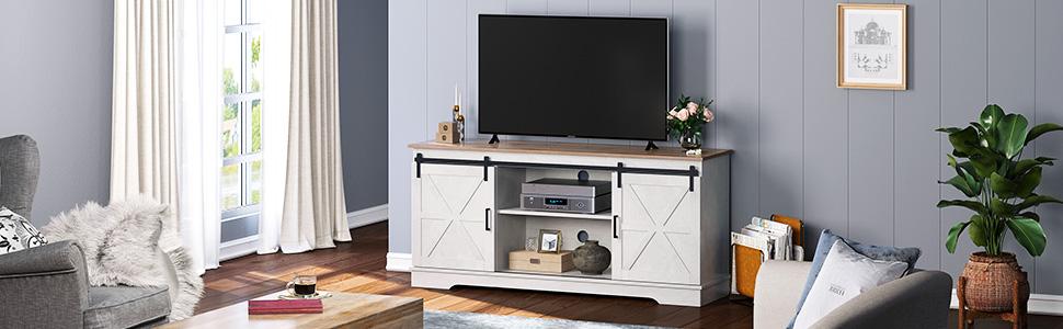 YITAHOME Farmhouse TV Stand for 65/60/55 Inch, Modern Entertainment Center with Sliding Barn Door, Wood TV Media Console Storage TV Cabinet for Living Room, 300lbs