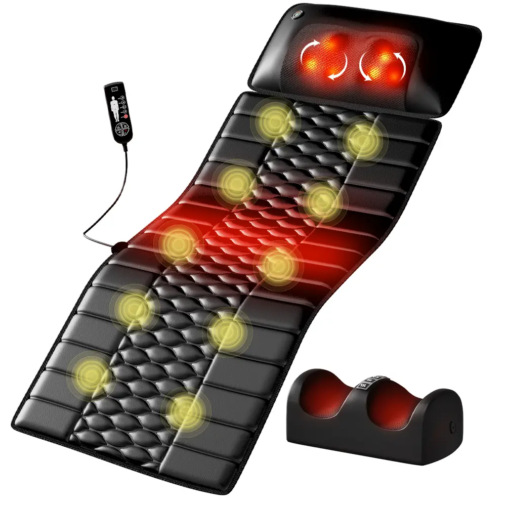 Foldable Electric Full Body Massage Mat with Detachable Shiatsu Neck-Ft Massage Pillow, Heat & Vibration Functions for Back, Waist, Shoulder, Leg Ache Relief