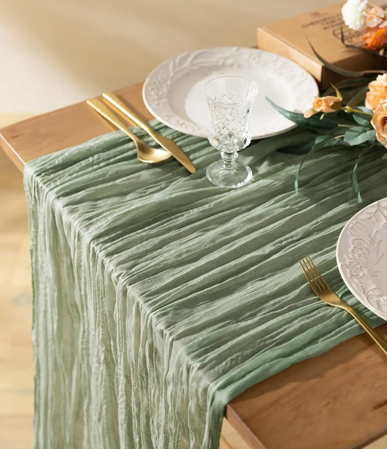 Vitalizart Sage Green Cheesecloth Table Runner, 10 ft/120 inches (35" W x 120" L) 2-Sided Anti-Shrink Gauze Decor, with Remote-Controlled Rose Vine, for Wedding, Home & Festive Party Supplies