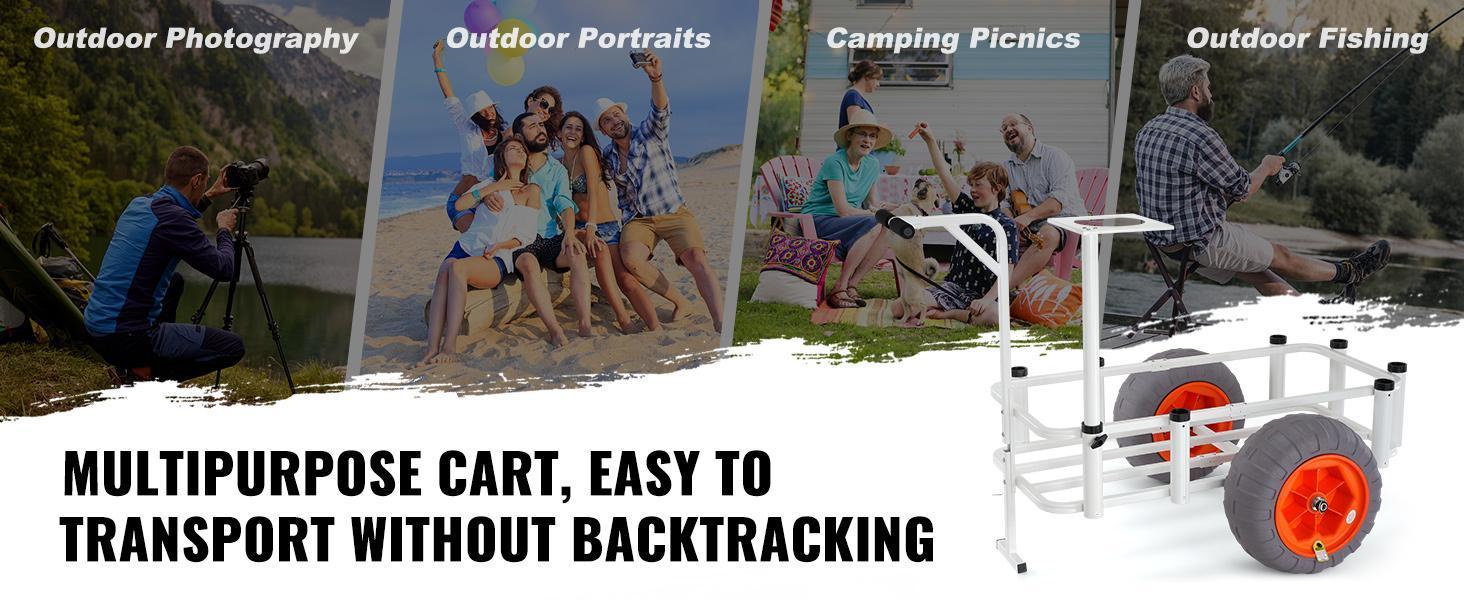 VEVOR Fishing Cart, 350 lbs Load Capacity, 41.5 x 18 x 8 in Heavy-Duty Aluminum Pier Wagon Trolley, 16-inch PU Balloon Wheels for Sand, 8 Rod Holders, Ample Storage Space for Fishing, Picnic