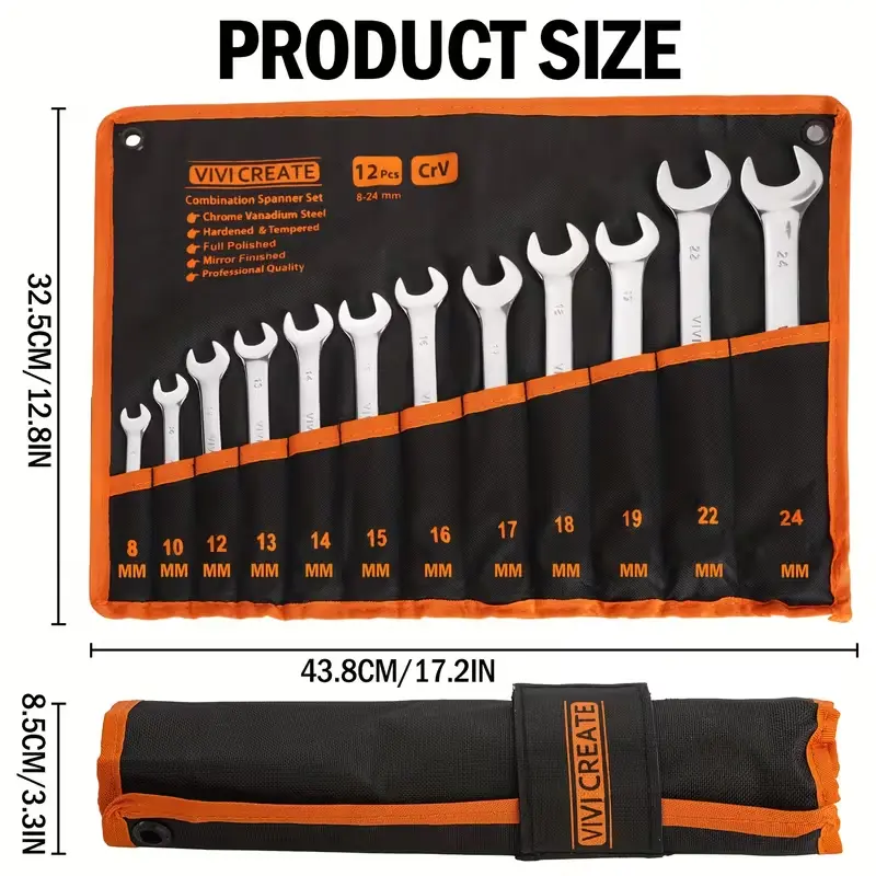12pcs All-Purpose Master Combination Wrench Set with Roll-up Pouch | Metric 8mm to 24mm | Perfect for General Household, Garage, Auto Repairs, Car, Truck, Boat, And Travel Emergency, Garage Essentials, Household Tools, Portable Pouch, Versatile