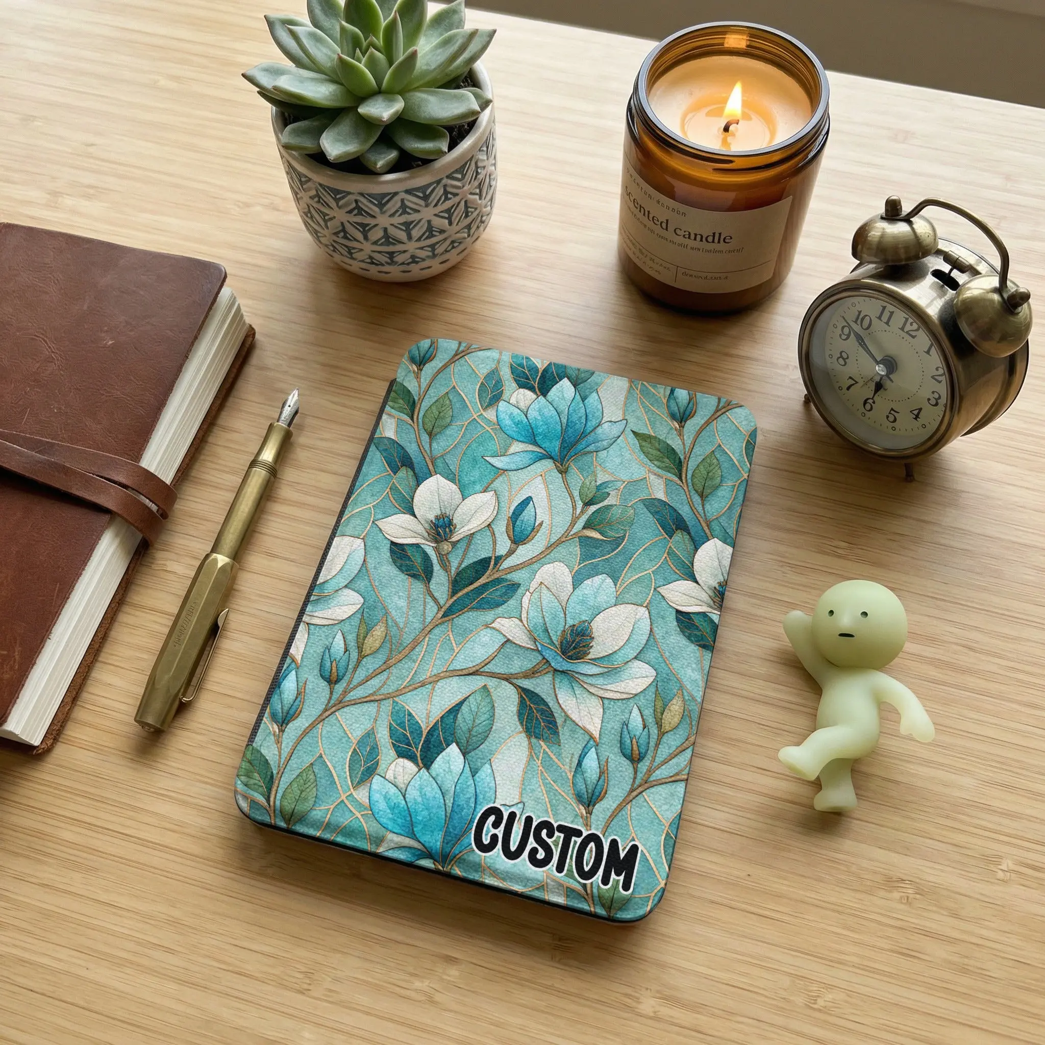 Stained Glass Aqua Floral Design Gold Accents Custom Kindle Case