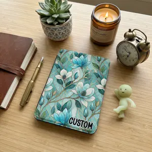 Stained Glass Aqua Floral Design Gold Accents Custom Kindle Case