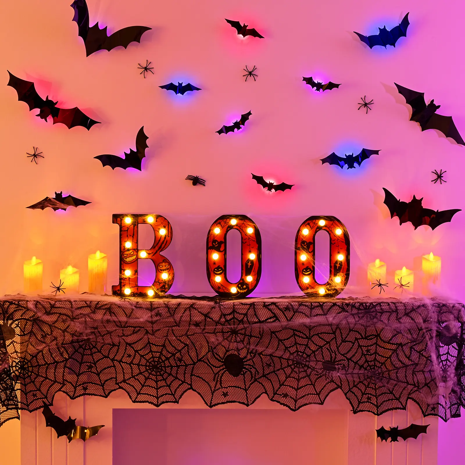 Spooky Halloween Party Decorations Kit - ABS Plastic Light-Up BOO Letters, LED Candles, Spider Web, Spider Stickers, Bat Stickers for Indoor Home Wall Decor