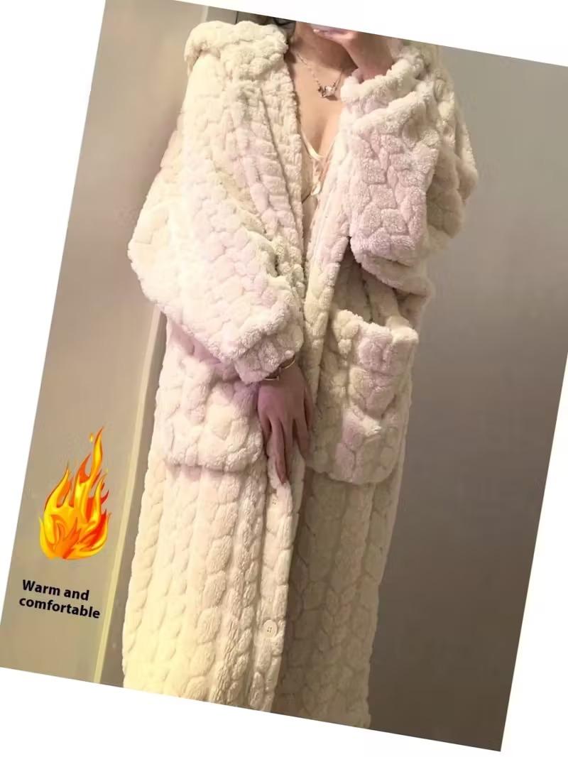 Women's Fleece-Lined Hooded Bodysuit Long-sleeved Warm Winter Wear with Pockets Comfortable Loungewear Pajamas Soft Fleece Bathrobe for Home Office or Bed Use Machine Washable Beige Everyday Nightwear