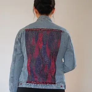 Missey & Daff Satin Panel Hand Embellished Denim Jacket with Fringe Sleeves - Fitted Classic Style All Seasons Blue Coats Womenswear Embroidered with Jewel Appliqués and Sheer Lilac-Purple Ruffle Cuffs