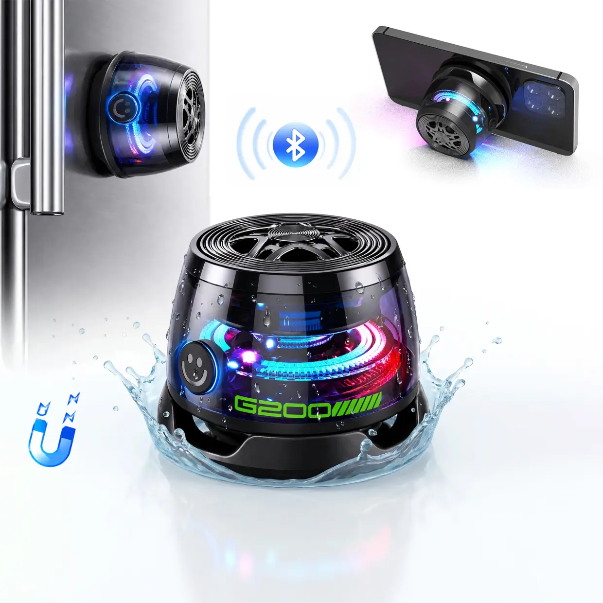 CircuiLiving X200 Fidget Spinner Wireless Portable Speaker - Bluetooth 5.3, Magnetic, Suction Cup, RGB LED Light, Stereo Sound, Water Resistant, Music Setup Gadget for Camping, Valentine’s Day Gift for Adults, iPhone 17 & Android Compatible
