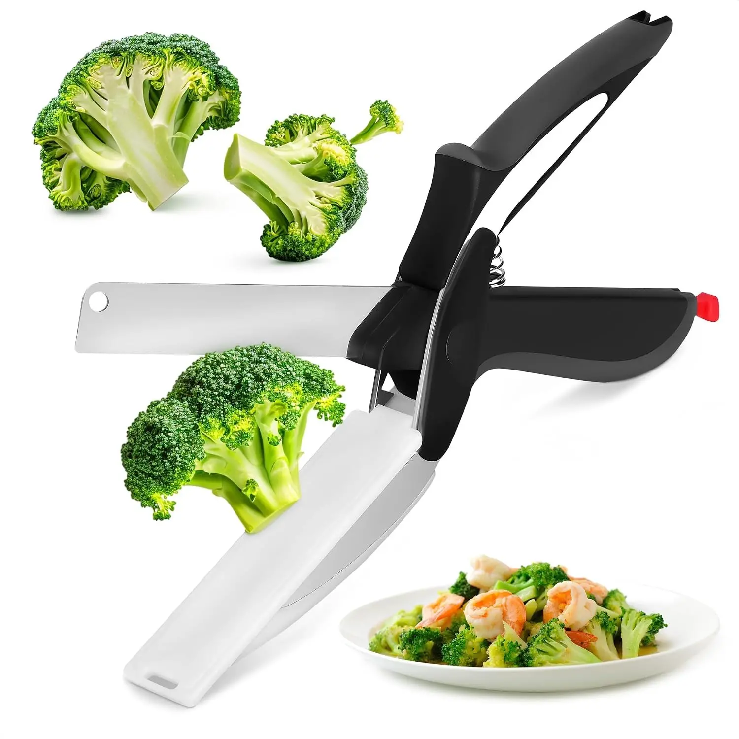 2-in-1 Design Stainless Steel Kitchen Food Scissors (9.6-in Blade) with Built-in Cutting Board, Safety Lock, Ergonomic Handle, Effortless Cutting with Style, for Any Kitchen Tasks, All Seasons (Cheese, Fruit)