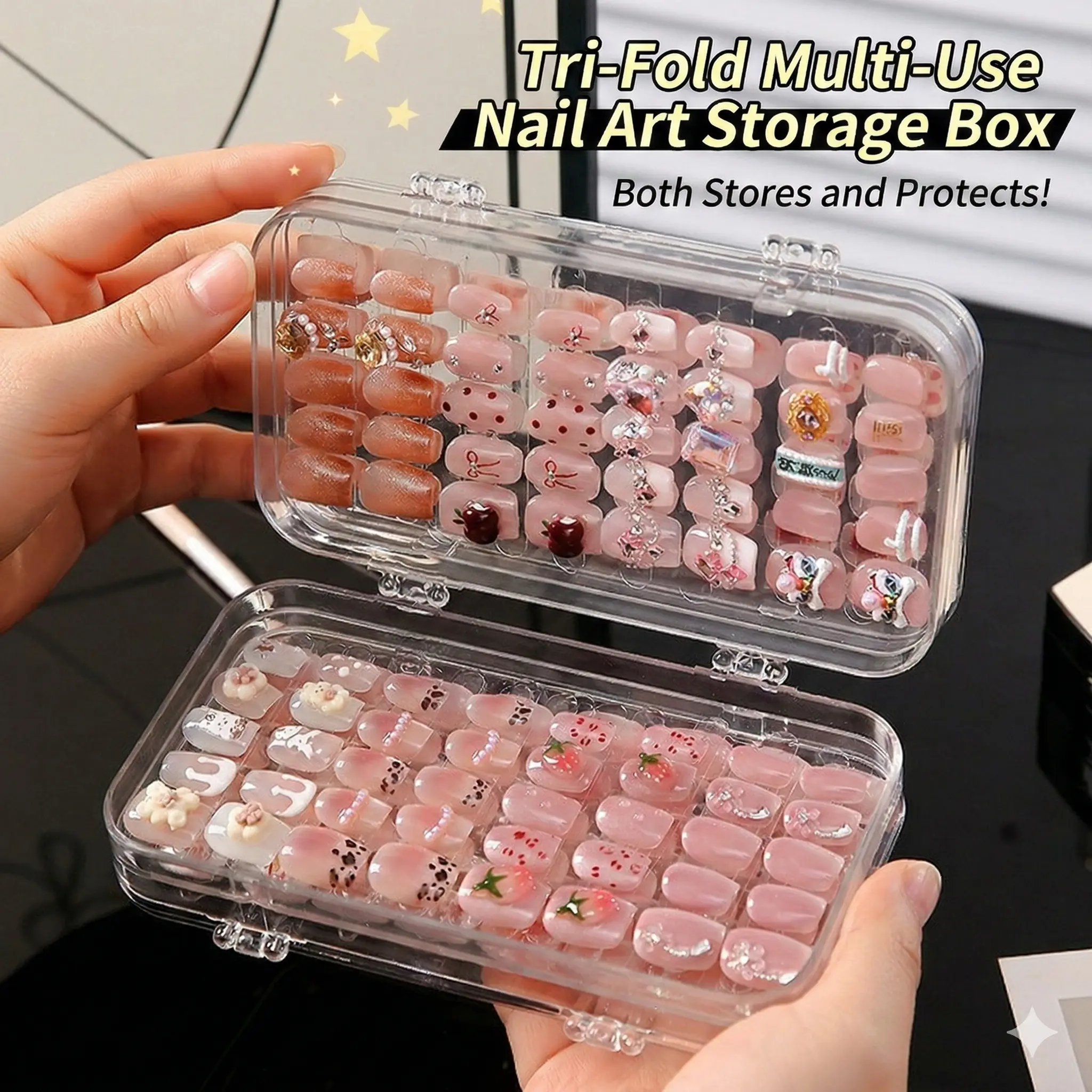 Unailty Large Capacity 3-Fold Press-On Nails Storage Case, Clear Portable Nail Tips Organizer Box with Lids, Dustproof Waterproof Acrylic Nail Display Holder for Press On Nails, Nail Art Tips, Jewelry, Accessories
