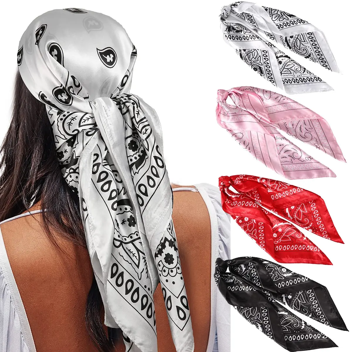 Women's 35-in Satin Large Square Scarves Set (4Pcs) - Fashion Printed, Silk-Like Neck Accessory, Bandana Style Scarf Head Wrap, Airy Fit All-Season Lightweight Hair Accessory, Airy Fit Head Scarves, Headscarf, Scarf Style