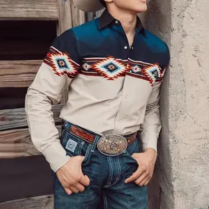 College Western Cowboy Punk Style Printed Shirt, Men's Double Chest Pockets, Fashionable Retro Youth Street Wear Men's Top