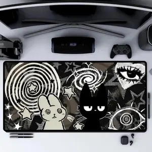 Dark Punk Pad Trippy Bunny & Cat Mousepad Alt Grunge Desk Mat Weirdcore Aesthetic Gaming Pad for Emo Desks Indie Alt Room Decor