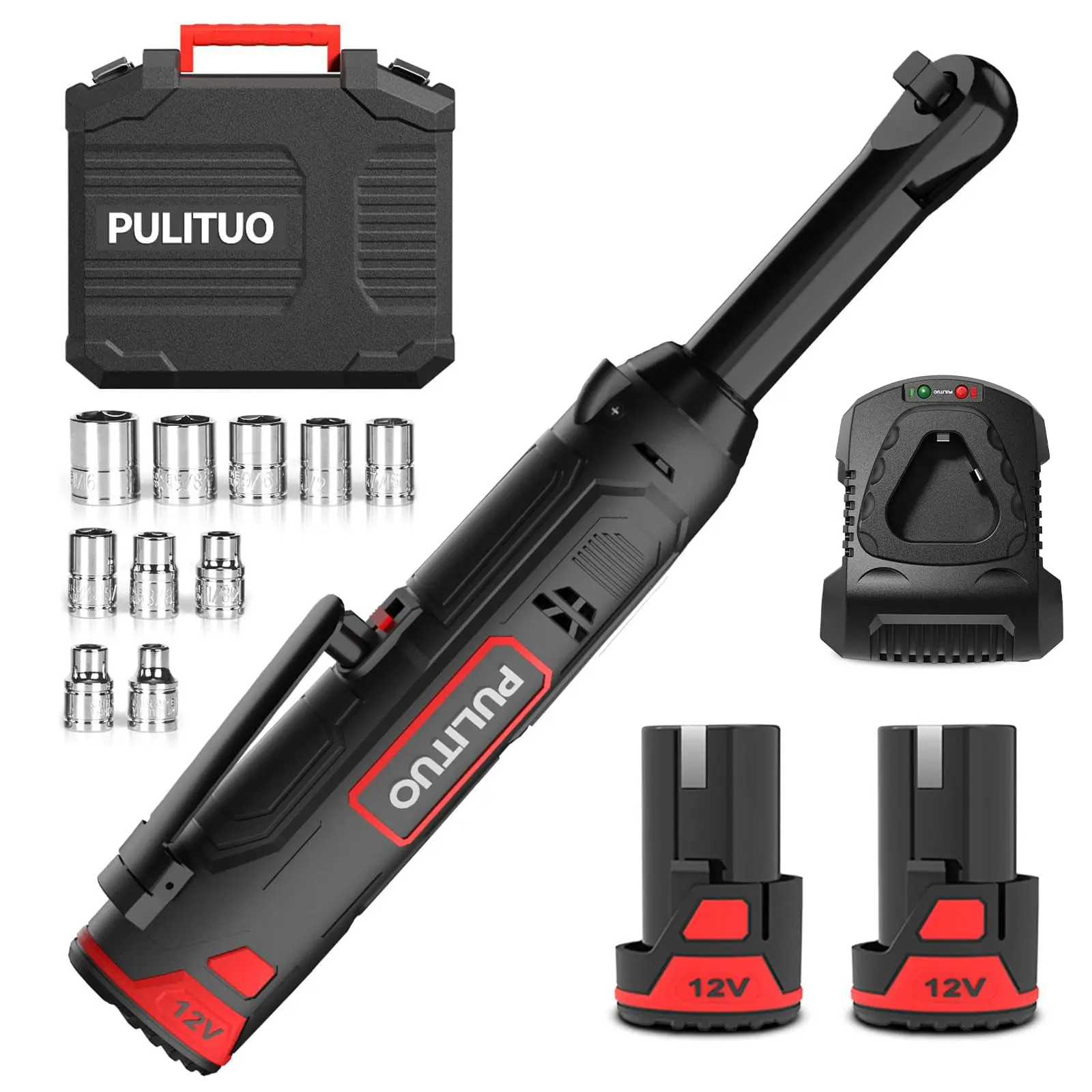 PULITUO Heavy Duty High Power 3/8'' Extended Cordless Electric Ratchet Wrench, 50N.m (36 Ft-lbs) Torque, 2.0Ah Battery, 10 Sockets, 1-Hour Fast Charger, Compact Design Power Tool, High Power Tool