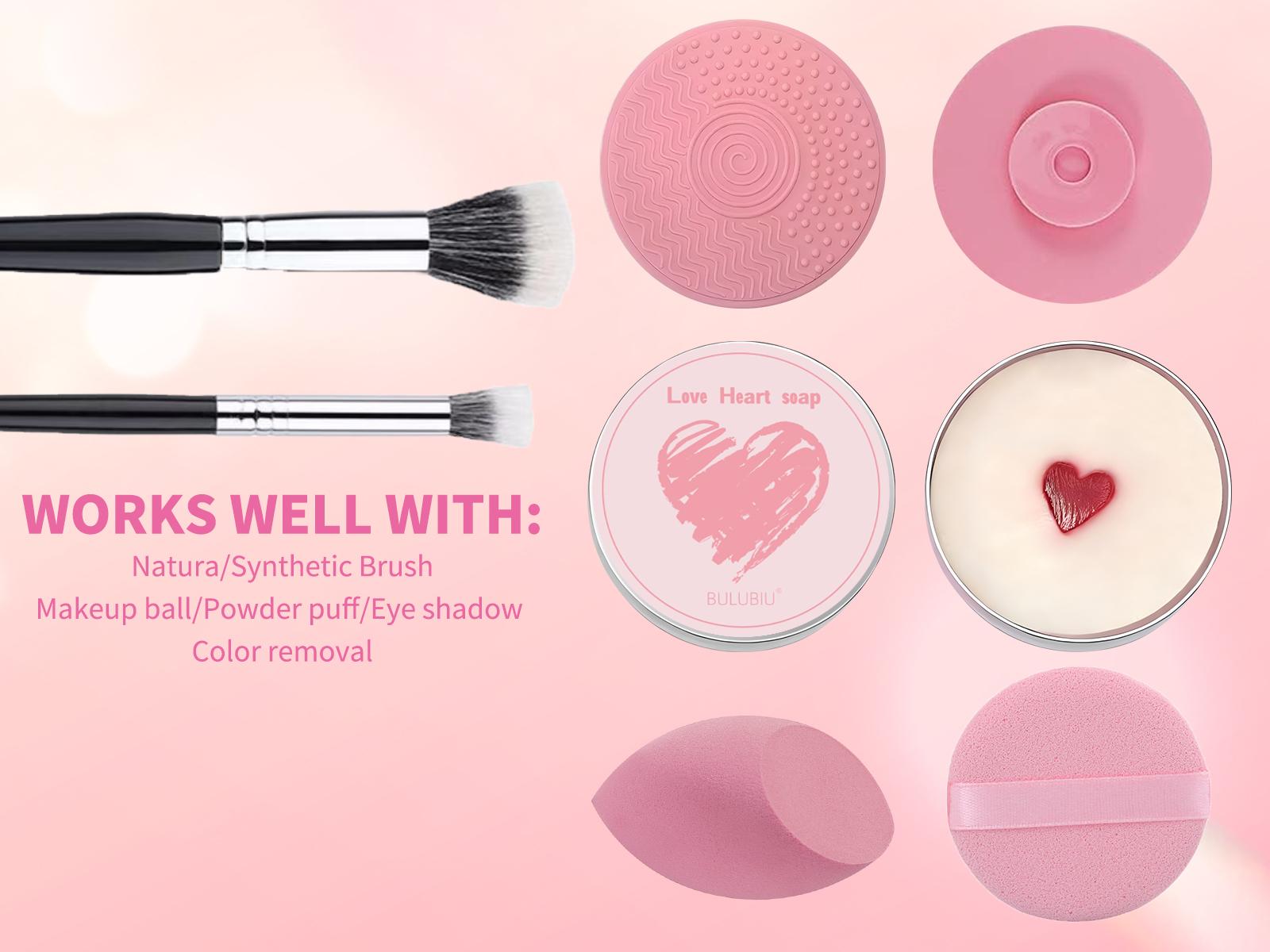 Heart-Shaped Cosmetic Brush Cleaner Solid Soap with Color-Removing Sponge, Silicone Cleaning Pad - Gently Scrubs, Instantly Cleans, Residue-Free, Removes Eye Shadow Pigment - sohochic