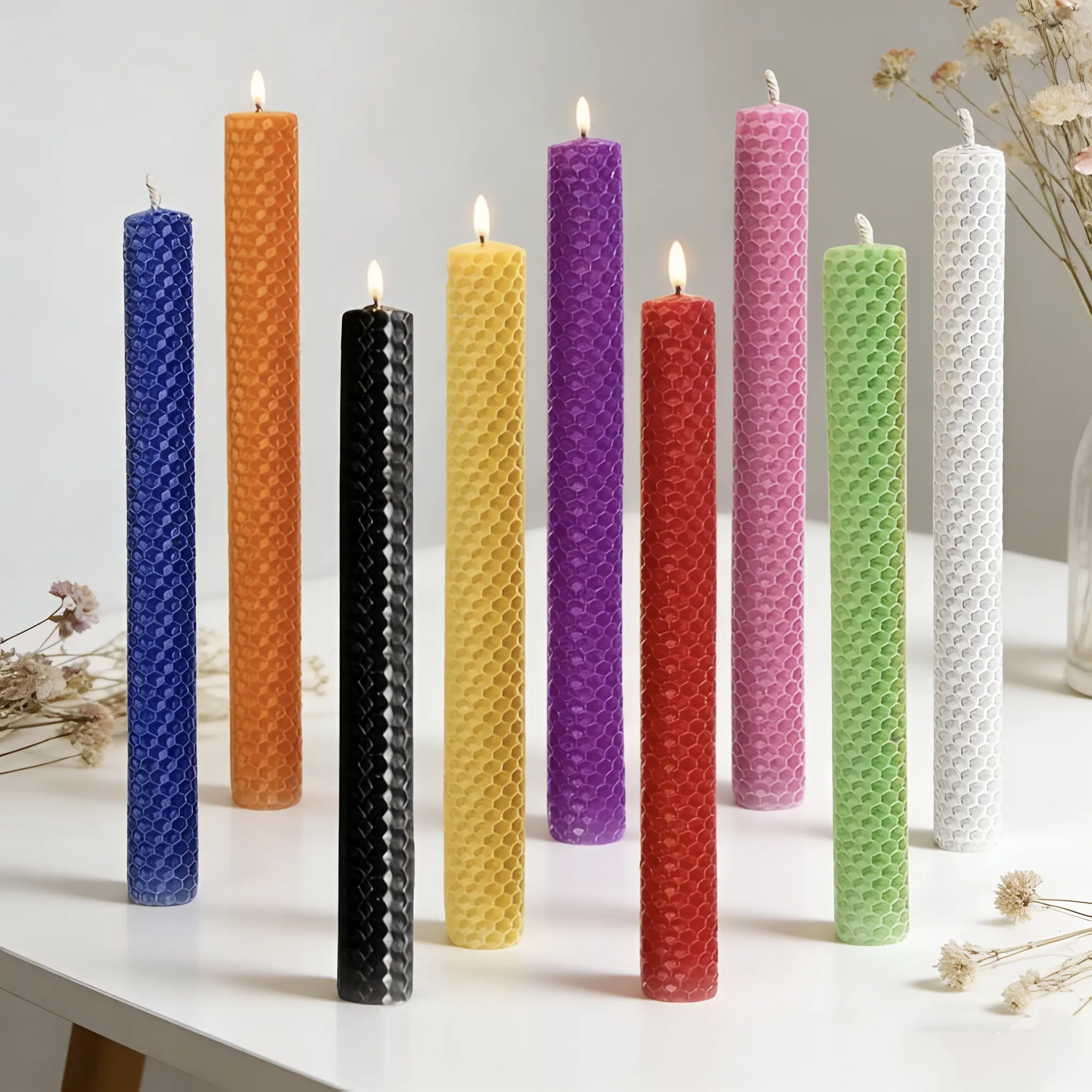 Colorful Hand-Rolled Beeswax Sticks with Wick - 18/27 Multicolor Decorated Candles (20x1.5cm Honeycomb Pattern), Hours Glow, for Home Decor, Weddings, Holidays, Mirabel Candle Holder Compatible Gifts