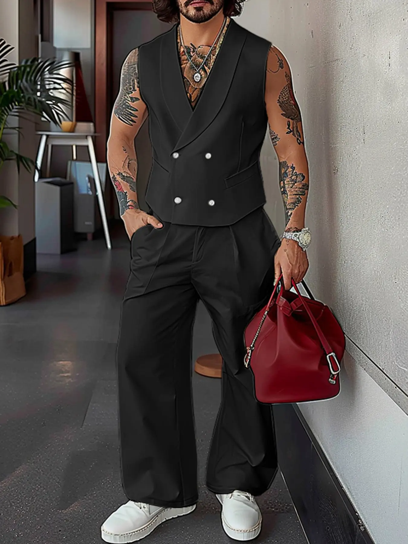 INCERUN Men's Fashion Solid Color Double-Breasted Sleeveless Vest Long Pants Casual Suits Set, Stylish Two-Button Design, Comfortable All-Day Wear