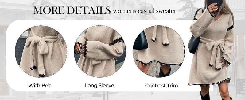 CHARTOU Causal Loose Straight Fit Sweater Dress for Women Fall 2025 Outfit Contrast Jumper Knit Sweater with Belt
