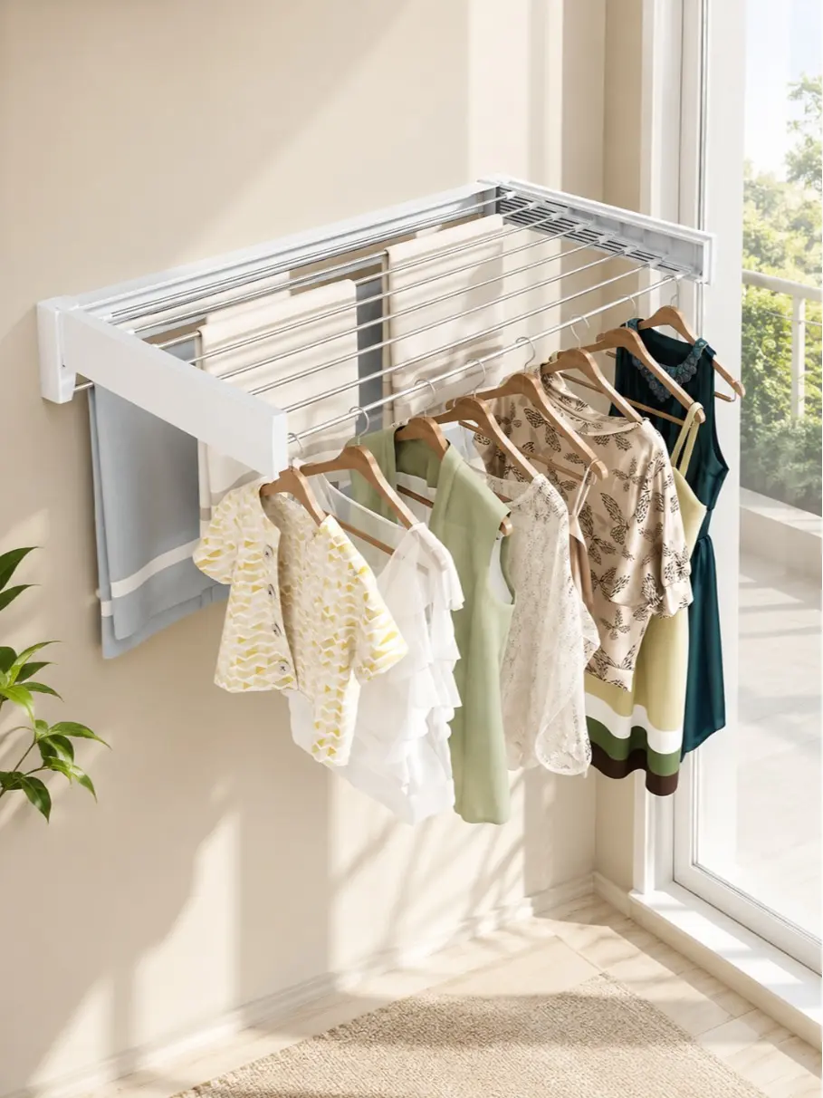 Wall Mounted Folding ABS Clothes Hanging Rack - Hangable Durable Sturdy Rack, Space-Saving Extendable Rods, Adjustable Indoor Dryer for Balcony Bathroom