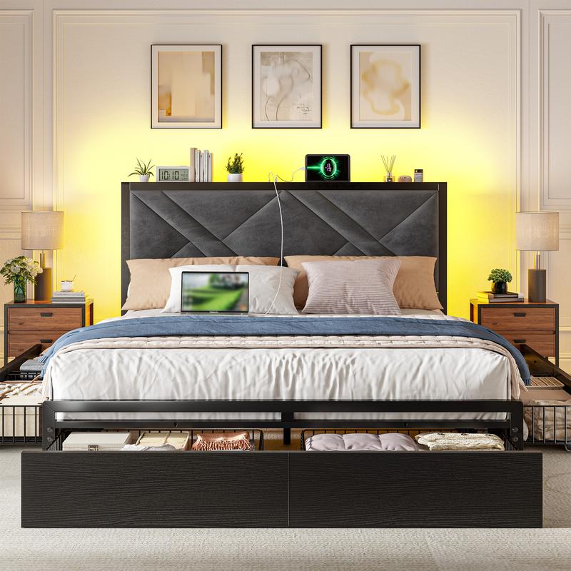 6 Drawers LED Bed Frame with Storage Shelf, Wood Luxury Platform Bed Frames with USB Port Charging Station & Upholstered Headboard for Queen, Full, Holds 1000lBS, No Box Spring Needed, Gray, Rustic Brown