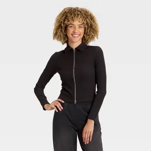 Women's Long Sleeve Brushed Ribbed Polo Zip-Up Jacket - A New Day