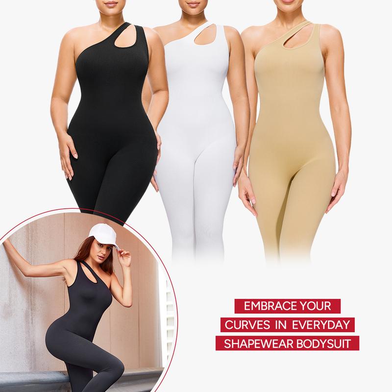 Nebility Women's Workout Seamless Yoga Ribbed Bodycon Jumpsuit Cut Out Asymmetric One Piece Leg Lengthening Tank Top Leggings Romper Stylish Activewear Stretchable All Season Solid Color Sports Jumpsuit