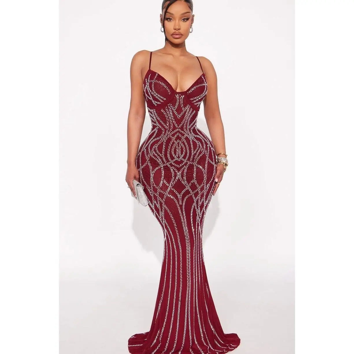 Shai Rhinestone Maxi Gown - Burgundy