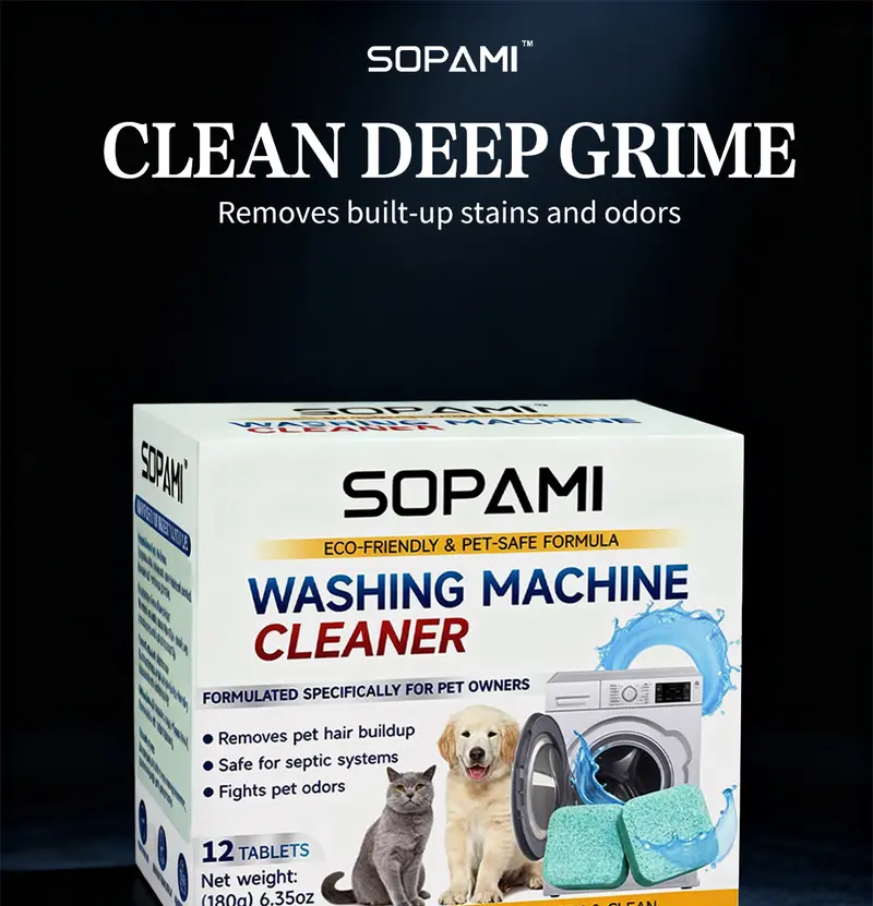SOPAMI Washing Machine Cleaner Tablets 12 count formulated for pet owners fragrance free neutralizes pet odors removes pet hair buildup safe for septic systems dissolves dirt and residue