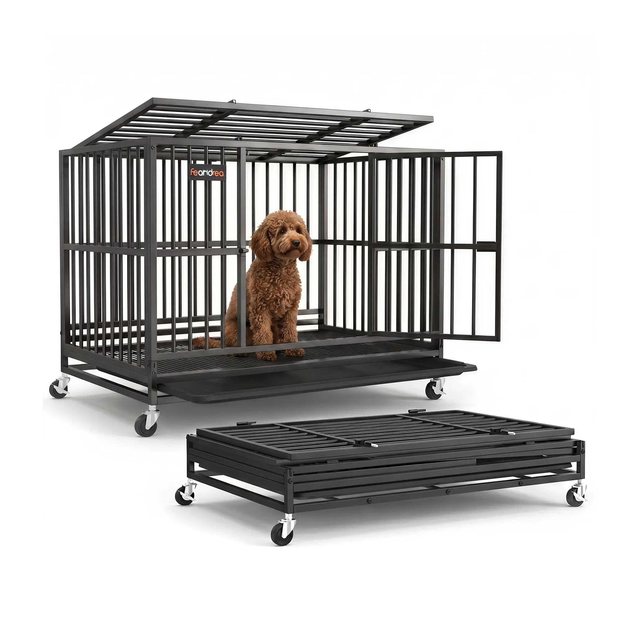 Feandrea Heavy-Duty Metal Frame Dog Crate, 5-Minute Quick Assembly, Foldable Dog Kennel with Lockable Wheels, Double Doors, Escape-Proof Fixed Bottom, Removable Tray, Easy Cleaning