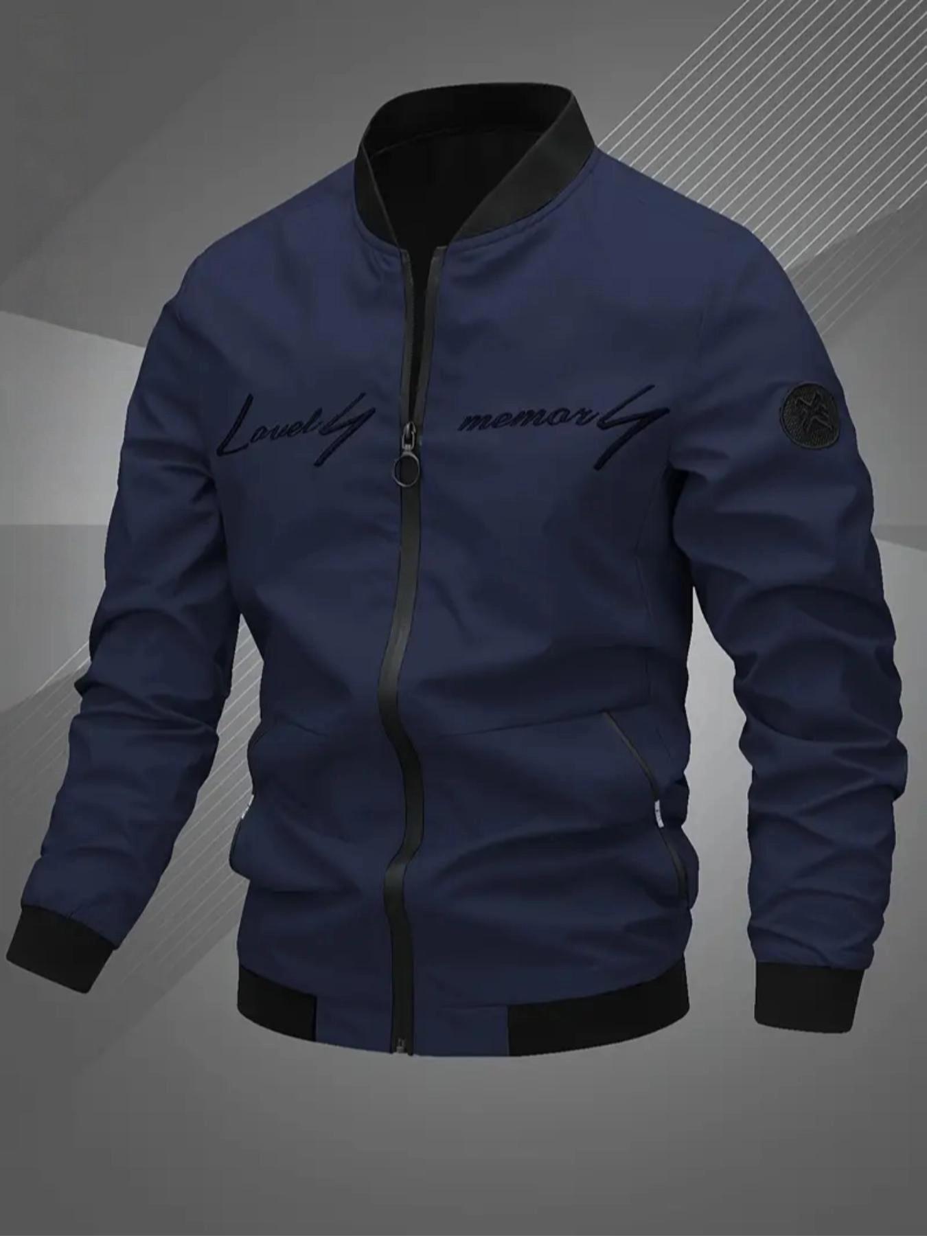 TJL Men's Fall/Winter Letter Embroidery Zipper Jacket Long-Sleeved Windproof Casual Coat Baseball Collar Outerwear Regular Fit for Autumn and Winter Clothes Menswear jackets multi-pocket men