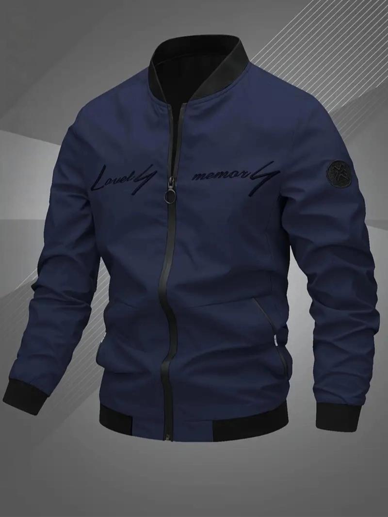 TJL Men's Fall/Winter Letter Embroidery Zipper Jacket Long-Sleeved Windproof Casual Coat Baseball Collar Outerwear Regular Fit for Autumn and Winter Clothes Menswear jackets multi-pocket men