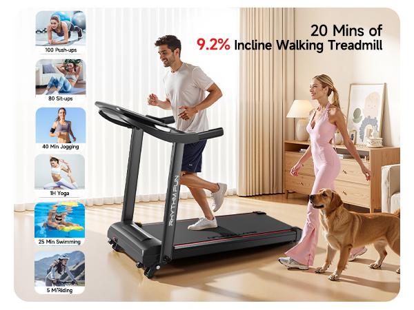 RHYTHM FUN 8 MPH Foldable Treadmill with Incline 300 lbs Capacity Running Machine 12 Pre-Installed Programs LED Display & App Control Multifunctional Walking Pad Multifunctional Workout Station  Home Fitness Equipment exercise equipment