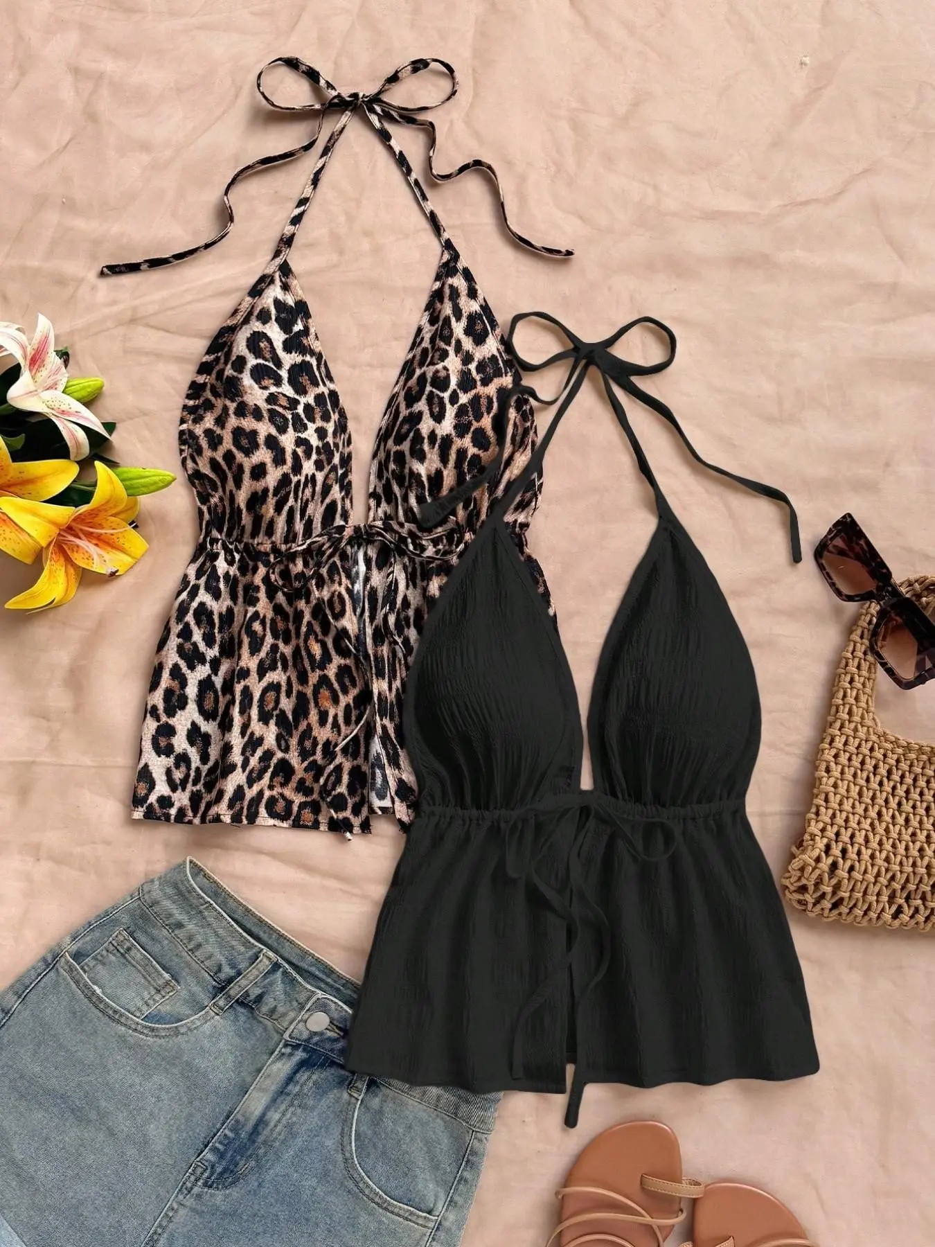 European Style Leopard Print Halter Deep V Strapless Ruffled Top, Draped Halter Top, Waist Cinch Sexy Ruffle Blouse, Camisole Top, Beach Vacation, Date Night, Clubbing, Street Fashion