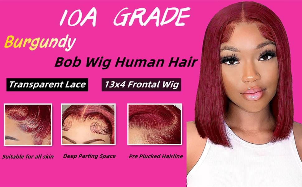 Human HaIr Wigs 13x4 Lace Front Wigs for Black Women 99j Burgundy Bob Wig  Straight Burgundy Human Hair Pre Plucked 180% Density Transpaent Lace Frontal Wig 99j Short Bob 10 inch