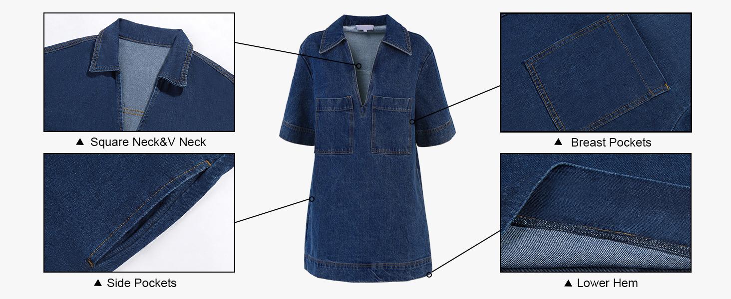 Wenrine Women's Denim Shirt Dress Summer Collared V Neck Mini Casual Jean Dresses with Pockets
