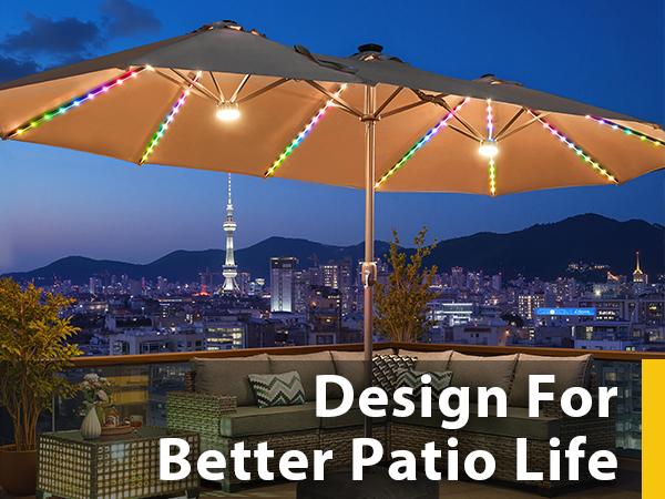 HOOOWOOO 15FT Solar LED Patio Umbrella with Base & Crank - Outdoor Market Umbrella for Garden, Deck, Backyard, Pool, Beach - Durable Water-Resistant Fabric, Adjustable Lighted Umbrella