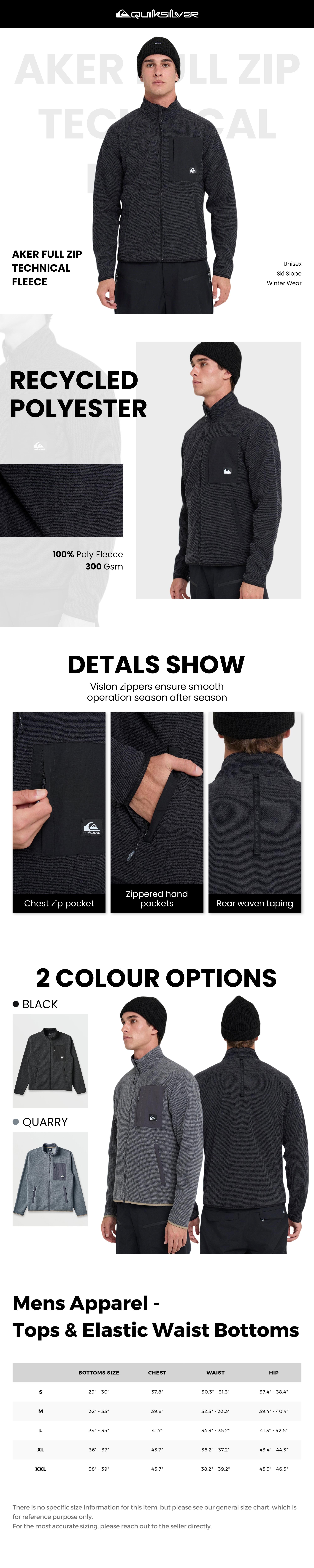 Quiksilver | Aker Full Zip Technical Fleece | 300GSM Poly Fleece | Unisex Ski Slope Winter Wear