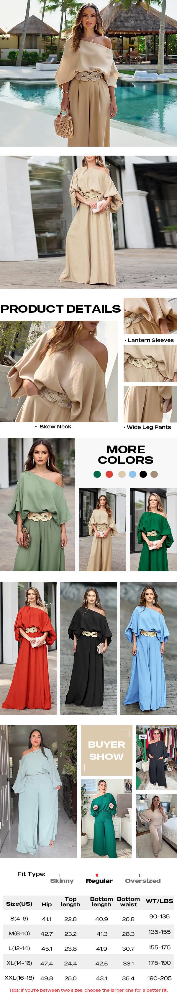 2026 ChicMe Women's Skew Neck Lantern Sleeve Top & Wide Leg Pants Set for St. Patrick's Day & Wedding Gust