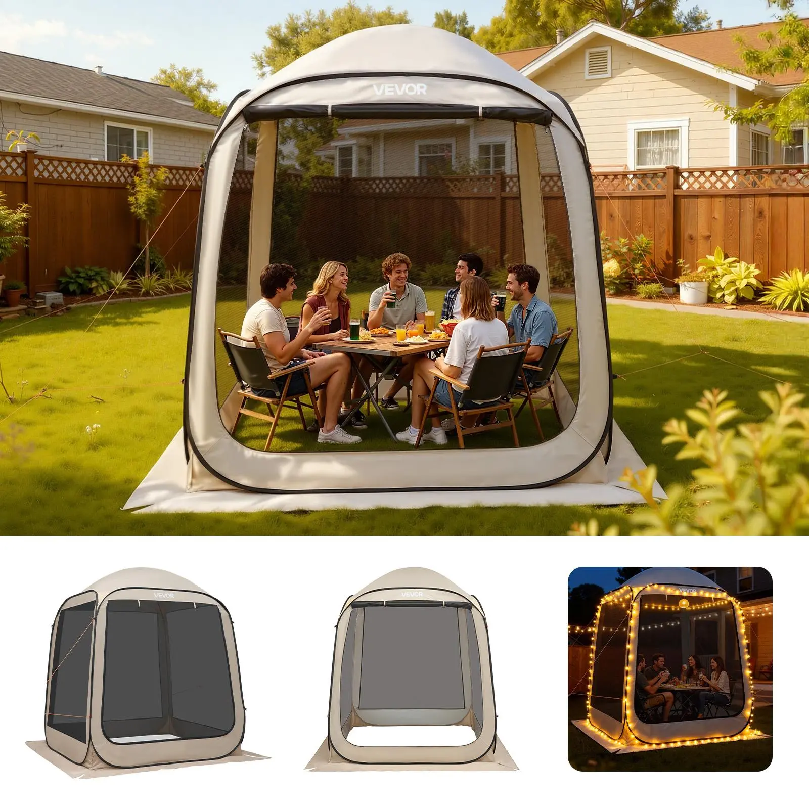 【FathersDayGift】VEVOR Screen House Tent, 6 x 6 ft, 4-6 Person Pop Up Screen Tent, Portable Screened in Canopy with Carry Bag, Netting Sides, Ground Stakes, for Garden, Patio, Backyard, and Outdoor Activities, Beige