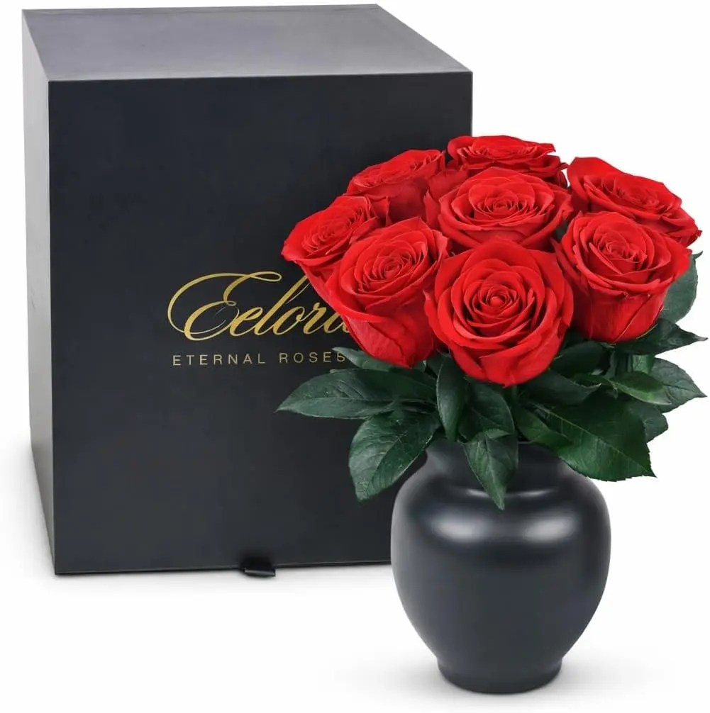Eclore Floral Preserved Roses last for 1 Year Red Roses in Black Vase – Forever Rose Gift for Her, Valentine’s Day Flowers, Anniversary & Romantic Home Décor