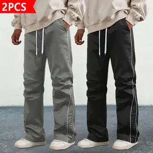 Men's Stacked Track Pants 2-Pack - Streetwear Hip Hop Contrast Piping Wide Leg Pants, Drawstring Waist Casual Baggy Trousers, Lightweight Satin Fabric for Daily Wear, Hip Hop & Street Style. Beige Crewneck